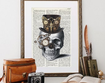 STEAMPUNK SKULL Collage Print on Vintage Dictionary Page, Skeleton with top hat and monocle, gift for geeks, whimsical decor, quirky, #049