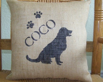 Golden retriever pillow, personalized dog pillow, pet pillow, silhouette pillow, burlap Pillow, stenciled pillow, FREE SHIPPING!
