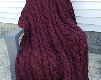 Chunky Hand Knit Cable Afghan / Throw / Blanket - Deep Red