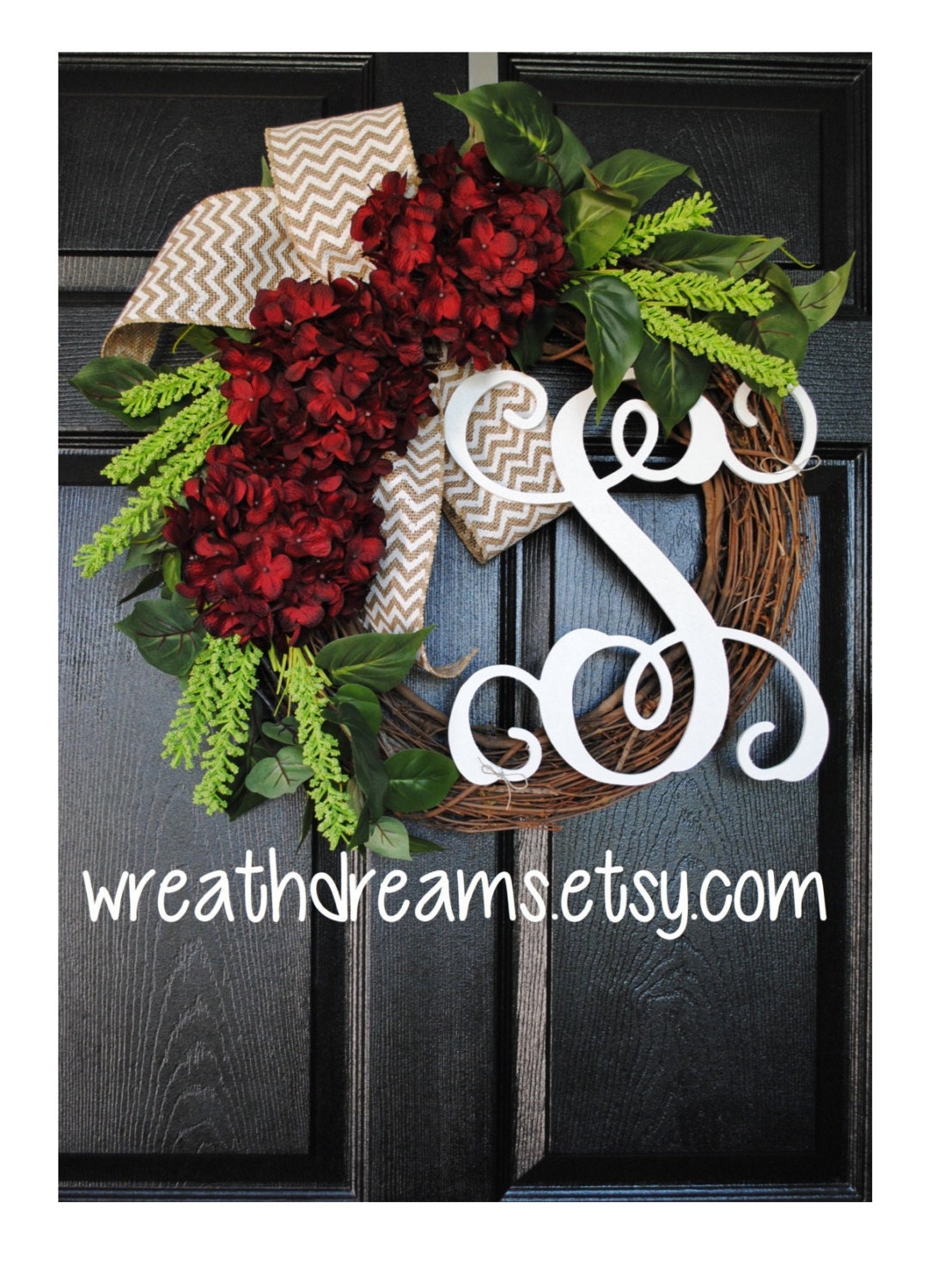 Burgundy Hydrangea Wreath. Burlap Wreath. Year Round Wreath. Spring Wreath. Summer Wreath. Monogram Wreath. Door Wreath