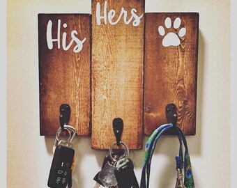 His, Hers & Dog Paw Key Holder / Entryway Key Hooks / Leash and Collar Holder / Dog / Pawprint / Newlywed Gift / Wedding Gift