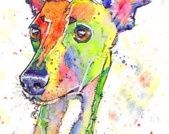 Whippet PRINT of Lurcher Greyhound Dog Picture of Original Watercolour Watercolor Animal Hound Sighthound Picture Art by Josie P.