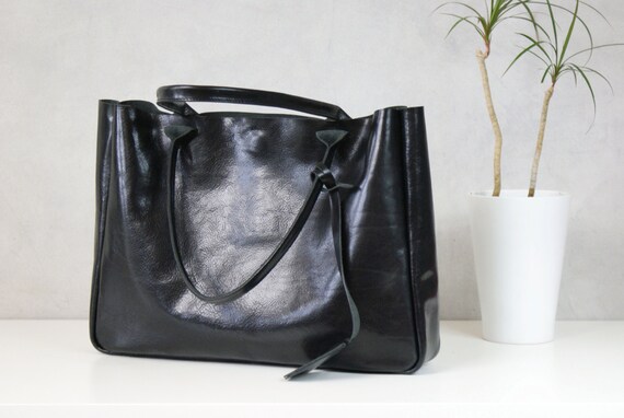 Black Leather Tote Bag BELLA Black Medium Size by toshibags