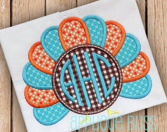 Monogram Turkey Digital Thanksgiving Applique Design - Thanksgiving Embroidery Design - Circle Monogram - Download