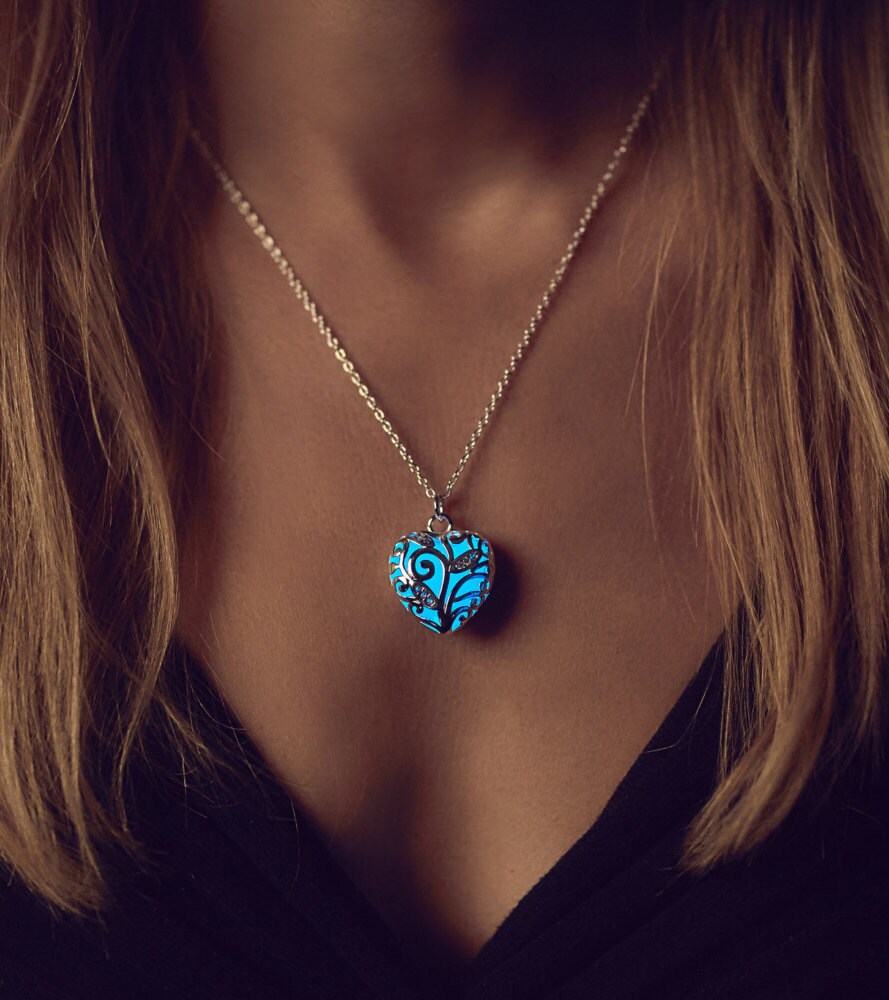Small Blue Glowing Necklace Heart Necklace Light Blue