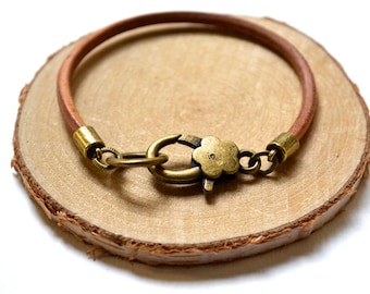 Leather Bracelet - Large Bronze Clasp - Flower Clasp - Handmade