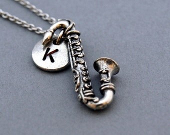 Saxophone necklace, Saxophone charm, instrument necklace, initial necklace, initial hand stamped, personalized, antique silver, monogram