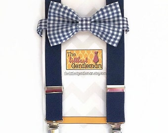 Navy Blue boys bow tie and suspenders set, navy gingham boys bow tie, navy baby bow tie, Navy wedding, ringbearer, navy boys suspenders,