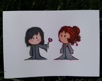 Severus and Lily Card, hand drawn, hand made, blank, Baby Harry Potter, birthday cards, slytherin, gryffindor, hufflepuff, ravenclaw, house