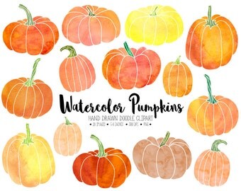 Watercolor Pumpkin Clipart. Hand Drawn Thanksgiving Pumpkins. Watercolour Pumpkin Clip Art. Orange Fall, Autumn, Halloween Watercolors.