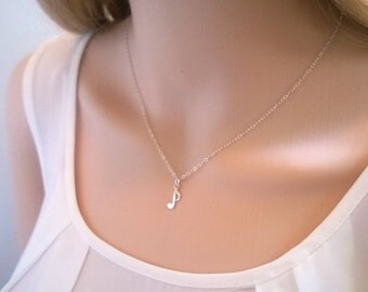 Music note necklace sterling silver; silver eighth note necklace; silver charm necklace; simple silver necklace; small music note necklace