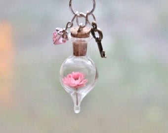 Rose Pink Terrarium Necklace Unique Gift Idea Real Dried Flower, Key Charm, Crystal Necklace, Glass Bottle Necklace Rose Pink Flower