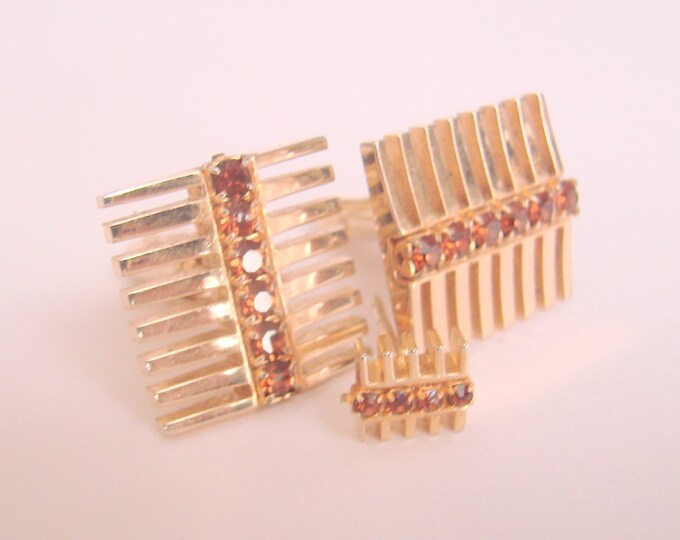 Jeweled Modernist Cuff Links Tie Clasp / Topaz Rhinestones / Mens Dress Set / 60s Vintage Jewelry / Jewellery