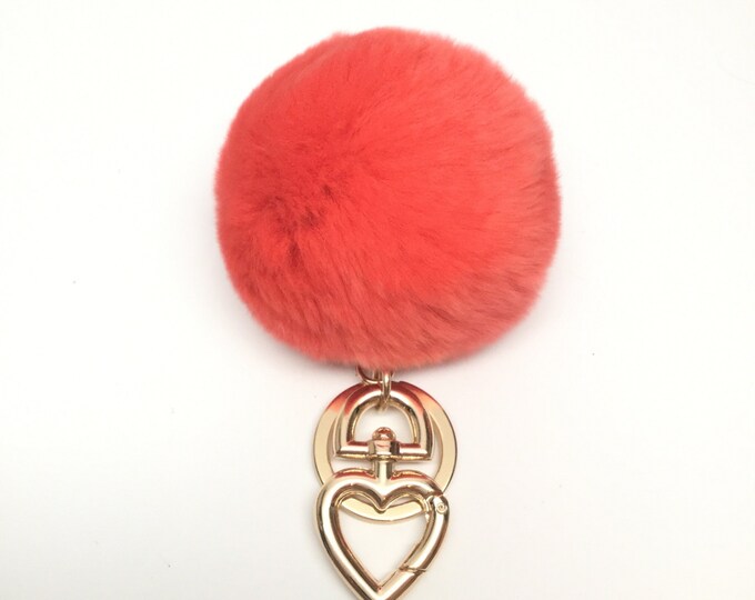 SUMMER SALE Heart Fur Pompom Keychain Rabbit Fur Ball Bag Charm Orange Red