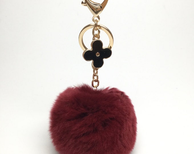 Burgundy fur pom pom keychain REX Rabbit fur pom pom ball with flower bag charm