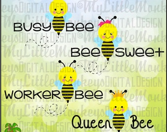 Queen Bee, Worker Bee, Busy Bee, Bee Sweet, Cute Bee Set Clipart and Cut File Instant Download Full Color 300 dpi Png SVG EPS DXF