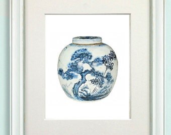 Chinese Blue and White Ginger Jar with Prunus Branches Art Print From Watercolor Home Decor Pic No 127