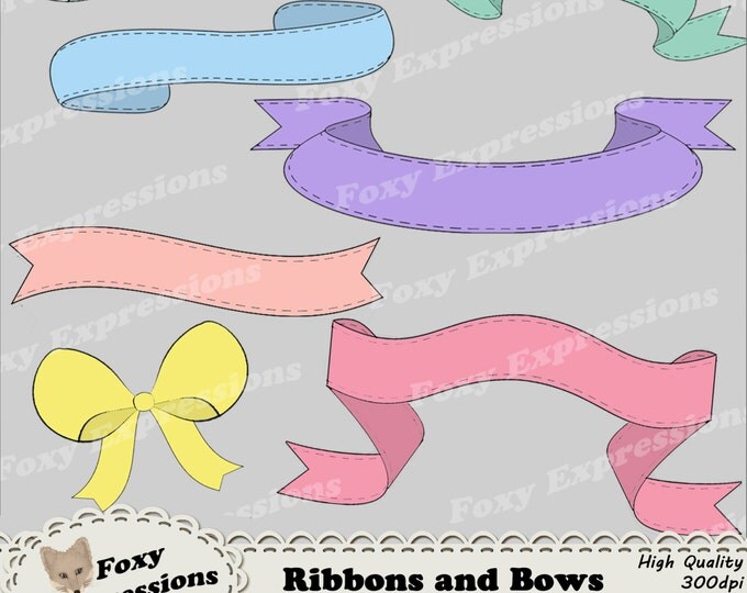 Stitched Ribbons and Bows digital clip art pack comes in soft pastel colors. 2 bows, 5 ribbons each in 10 colors 70 pieces total. Value pack