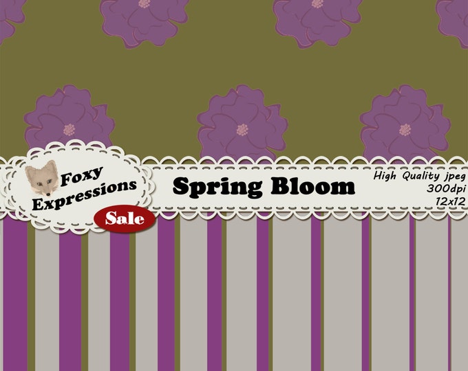 Spring Bloom Digital Paper Pack comes in stripes, polka dots, checkers, chevron, flowers, scales and spoons. Purple, pink,cream,gray & green