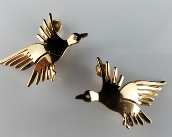 Sterling Bird Earrings, Hand Made, Vintage 1950's Gold over Sterling Silver, Clip On