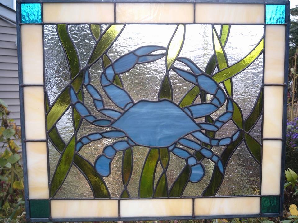 Blue Crab Stained Glass Panel