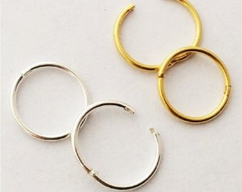 Hinged Hoop Earrings Nose Rings , ONE Pair, pick gold or silver, 12mm or 14mm, sleeper hoops for ears, cartilage,nose,lips