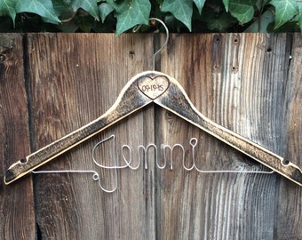 Rustic Personalized Wire Wedding Hanger || Distressed Wood || Wood Burned Date