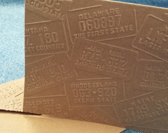 Masculine Notecard, Liscense Plates, Embossed, Ink, Kraft Paper, Handmade