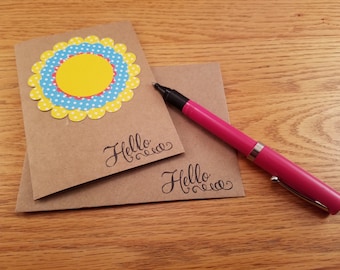 Hello Notecard, Polka Dot Flower, Yellow, Blue, Red, Set of 2, Kraft Paper, Handmade