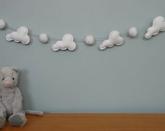 Pom Pom garland - cloud garland - White Pom Pom - cloud - cloud garland - felt - child decor - handmade - MADE TO ORDER