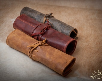 Leather roll up pencil case 'Vintage Black'- Handmade Leather Pen organizer - leather pencil case - Paint Brushes Case - pencil roll case