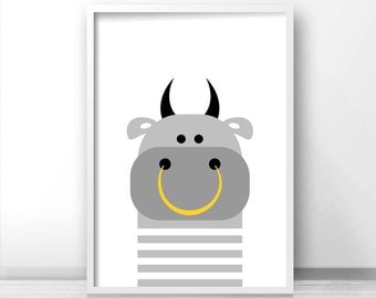 Digital Download Animal Nursery Art, Bull Nursery Print, Kids Wall Art, Farm Animal Print, Kids Print, Printable Nursery, Modern Kids Decor
