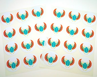 Egyptian Scarab Teal , 24 Pack of Circle Stickers : FREE SHIPPING