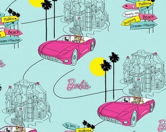 Barbie Fabric / Barbie Car Fashion Doll Car Logo Fabric / VIP 76899 / Fabric by the Yard / Fat Quarter / 1 Yard Cut / 1/2 Yard Cuts