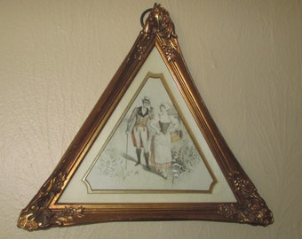 Triangle Framed Art, Sungott Art Studio NewYork, Ornate Gold Triangle Frame, Style Number 330, Gentleman and Woman, MidCentury Modern