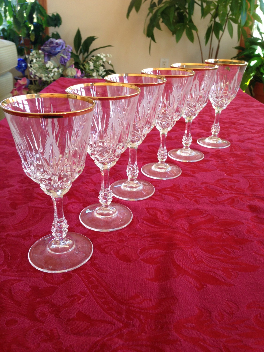 Vintage Gold Rimmed Glass Stemware Etched Crystal Set of Six