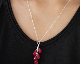 Ruby cluster pendant and sterling silver necklace