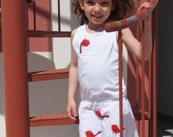 hand painted original summer dress for 5 / 6 years old girl, with handpainted ornament red birds, gift love little girls clothing