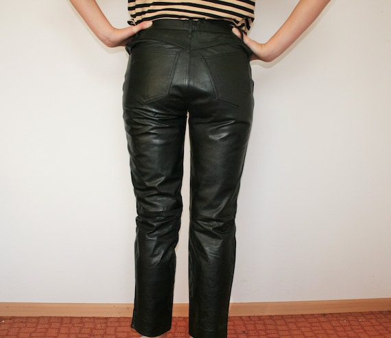 Vintage 80s Black Leather Pants High Waisted Peg Leg Womens