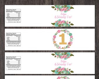 Personalized Water Bottle Labels - Birthday Botle Labels - Personalized Bottle Labels - First Birthday - Pink Blush Mint and Gold