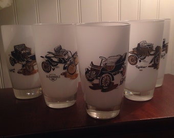 Vintage Car Drinking Frosted Glasses with Black and Gold Design, Set of 5