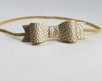 Gold leather headband, gold bow headband, tiny bow headband, mini gold headband, gold leather headband, baby girl headband