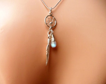Sterling Silver Dream Catcher Necklace With Moonstone On Sterling Silver Diamond Cut Chain - Gift For Her