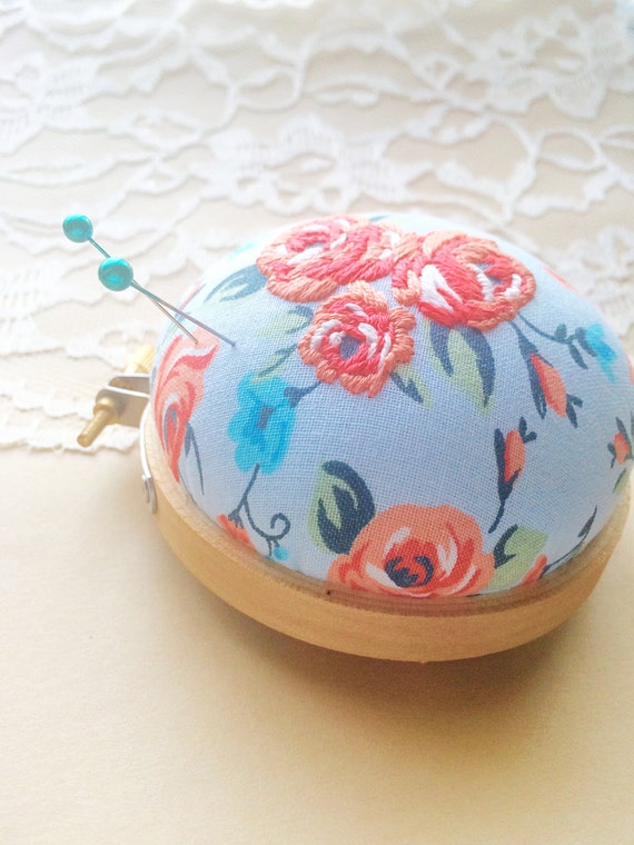 Pin Cushion Embroidered Roses Embroidery Hoop Pin Cushion