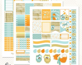 Printable planner stickers.EC planner kit,Fox and owls stickers,January stickers set,Wood blue orange beige,