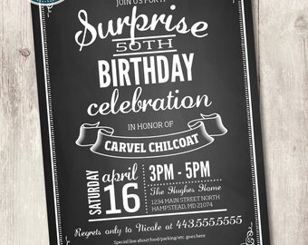 surprise 50th birthday invitation, chalkboard black and white birthday invite, personalized printable invitation