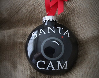Medium size SANTA CAM X-mas ornament. Elf family tradition Christmas bauble bulb Holiday tree decoration xmas camera black ball ornaments