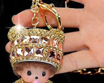 Golden Bling Keychain Gold Metal Hardware Keyring sparkle rhinestone crystal Monchhichi keychains purse charm women wallet charm