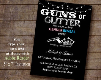Guns or Glitter Gender Reveal invitation Editable Printable You type your text at home with latest ADOBE READER Instant Download PDF A409