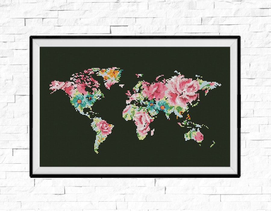 bogo free world map cross stitch pattern floral world map